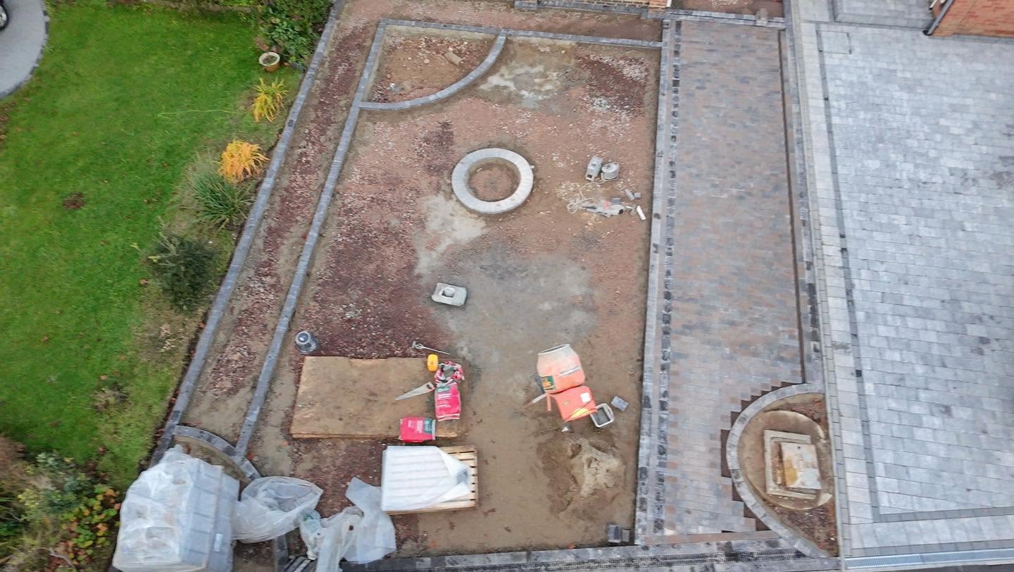 From above: the new edging laid and the base being prepared